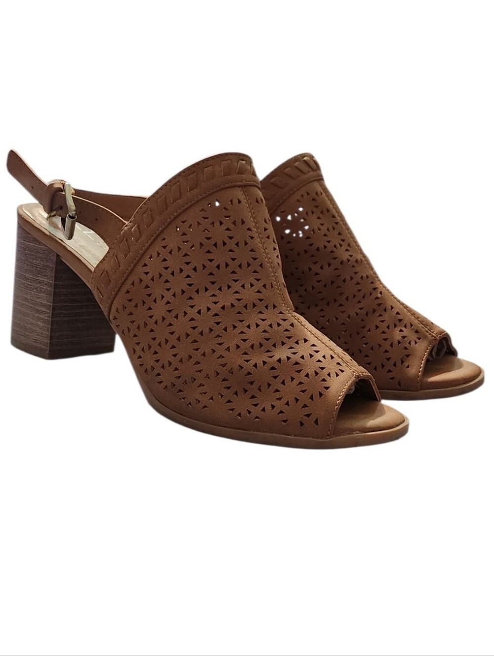 CL by Chinese Laundry "Jewelled" Cognac Perforated Slingback Block Heel Sandals